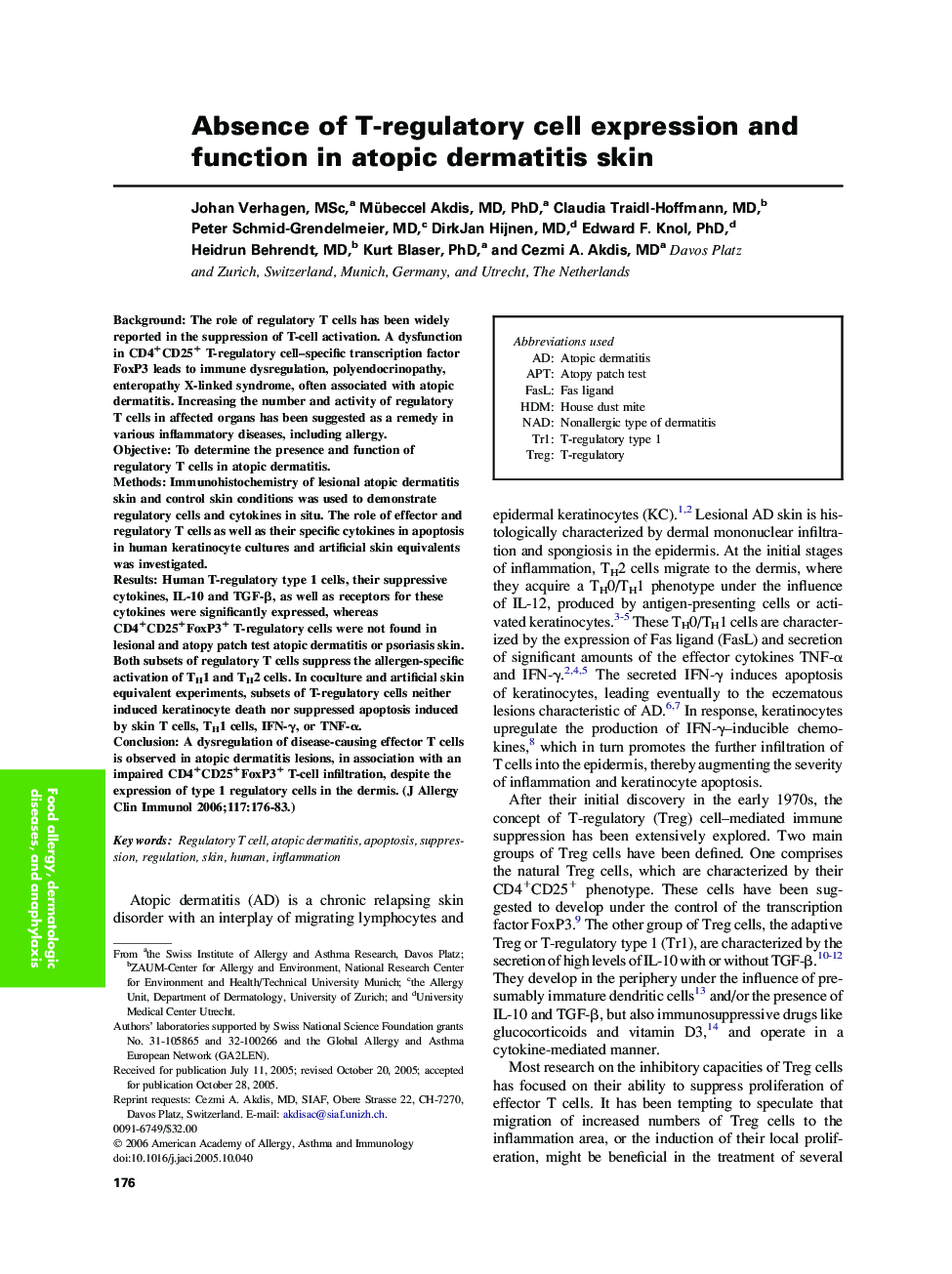 Absence of T-regulatory cell expression and function in atopic dermatitis skin 