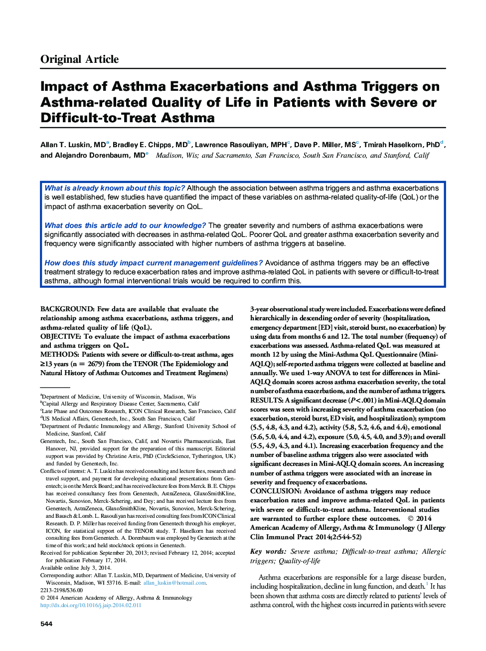 Impact of Asthma Exacerbations and Asthma Triggers on Asthma-related Quality of Life in Patients with Severe or Difficult-to-Treat Asthma