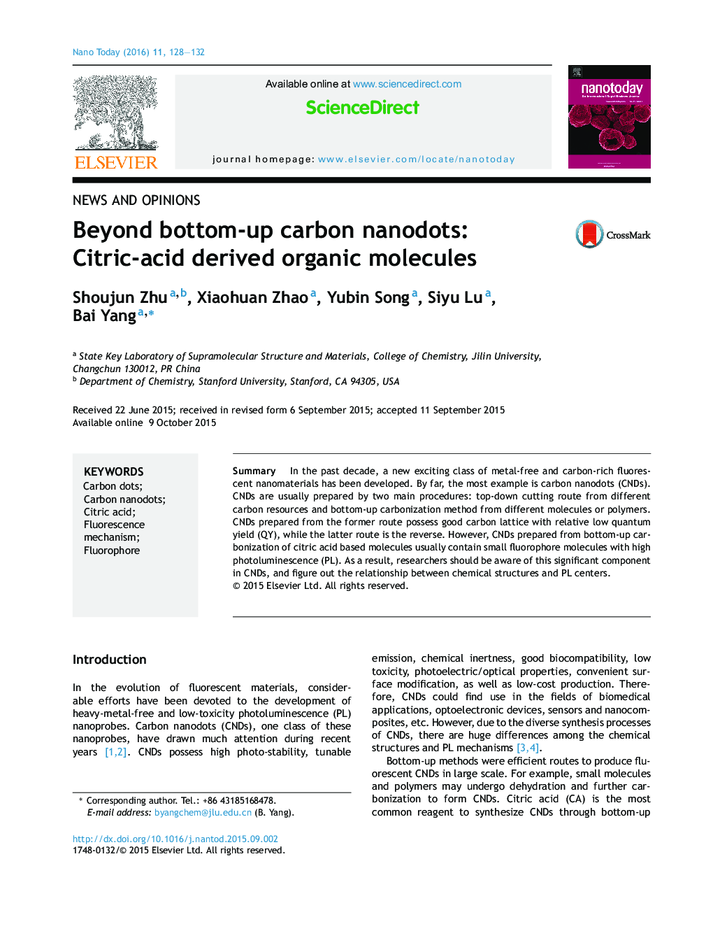 Beyond bottom-up carbon nanodots: Citric-acid derived organic molecules