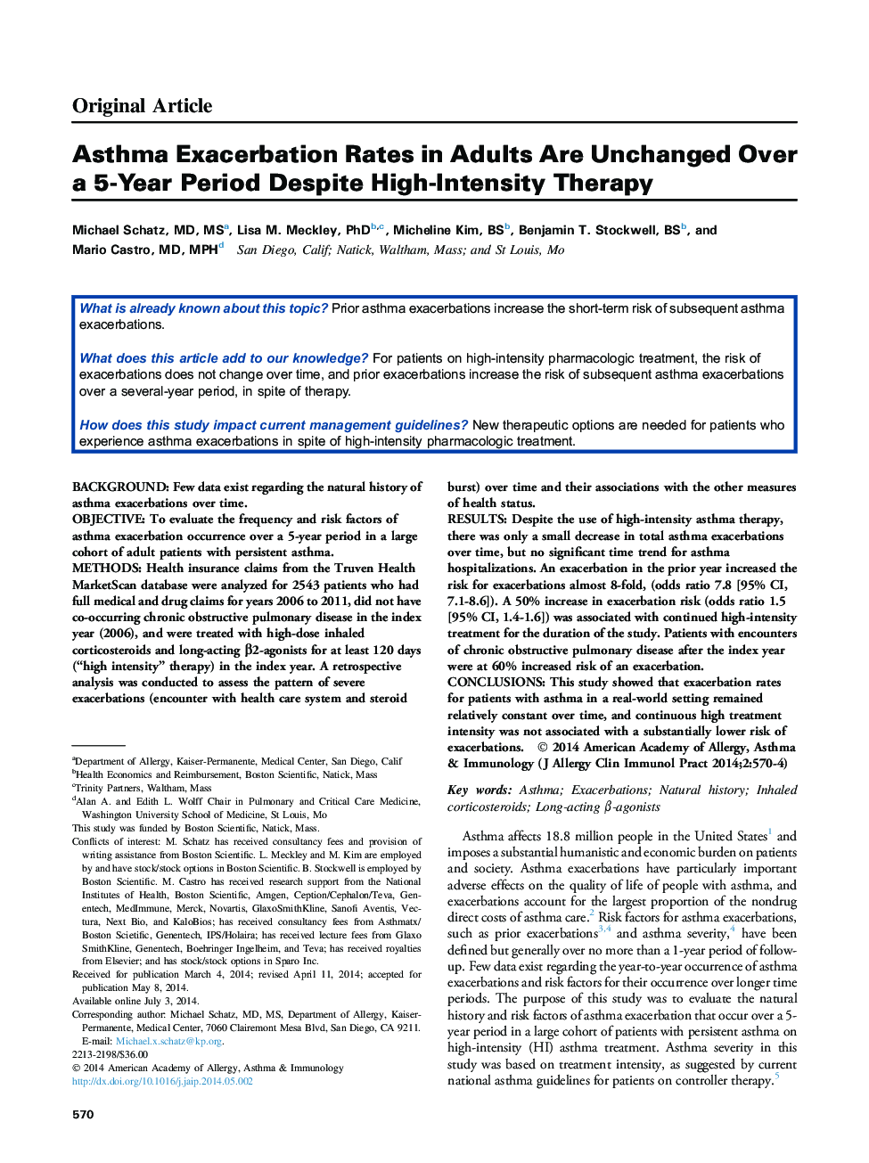 Asthma Exacerbation Rates in Adults Are Unchanged Over a 5-Year Period Despite High-Intensity Therapy