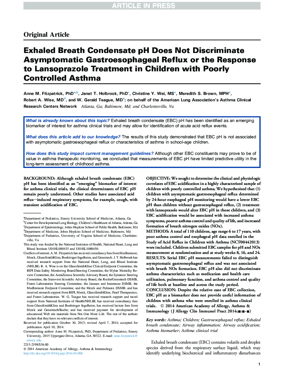 Exhaled Breath Condensate pH Does Not Discriminate Asymptomatic Gastroesophageal Reflux or the Response to Lansoprazole Treatment in Children with Poorly Controlled Asthma