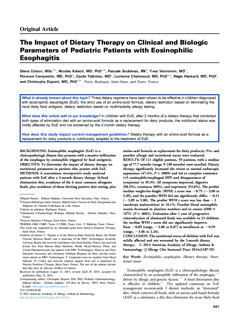 The Impact of Dietary Therapy on Clinical and Biologic Parameters of Pediatric Patients with Eosinophilic Esophagitis