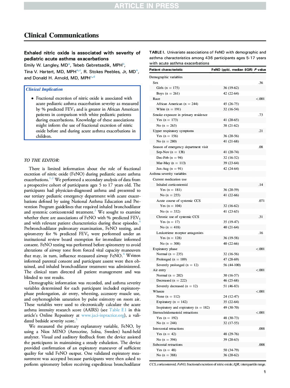 Exhaled nitric oxide is associated with severity of pediatric acute asthma exacerbations