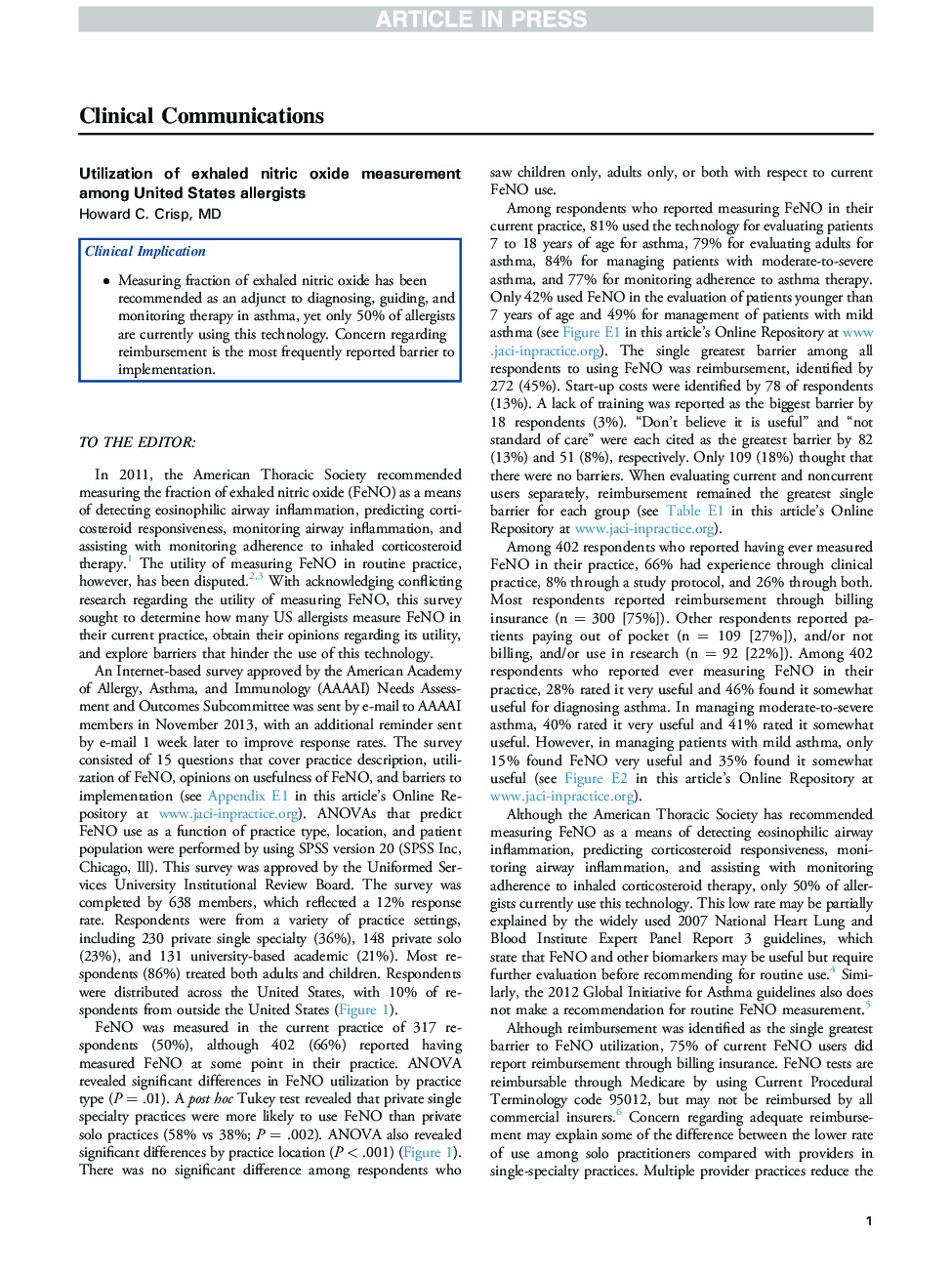 Utilization of exhaled nitric oxide measurement among United States allergists