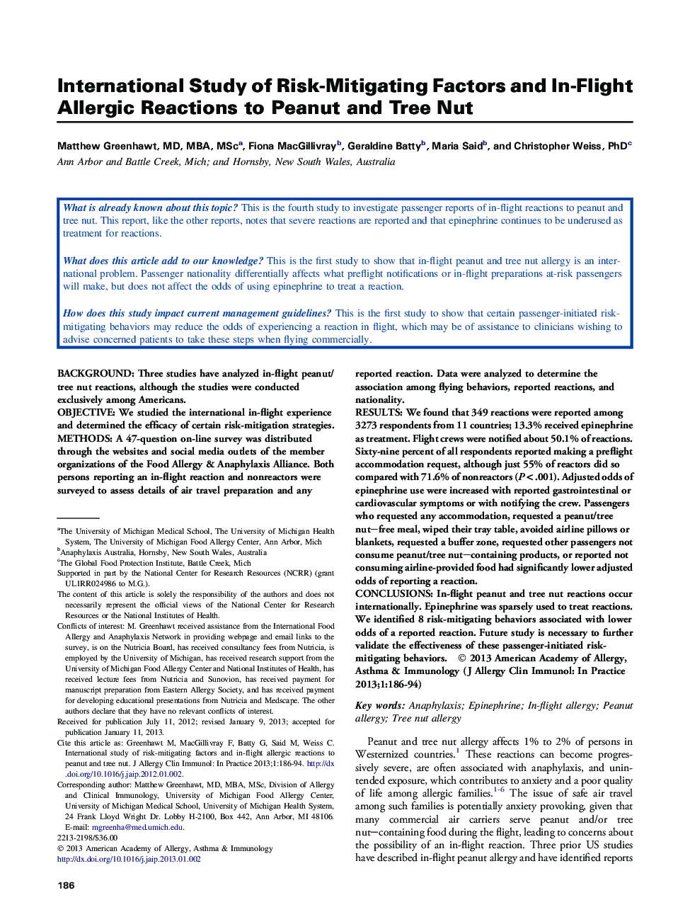 International Study of Risk-Mitigating Factors and In-Flight Allergic Reactions to Peanut and Tree Nut