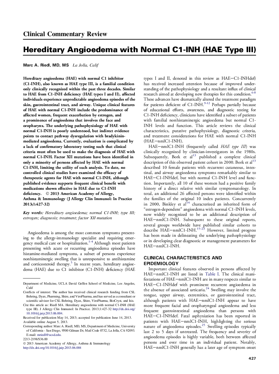 Hereditary Angioedema with Normal C1-INH (HAE Type III)