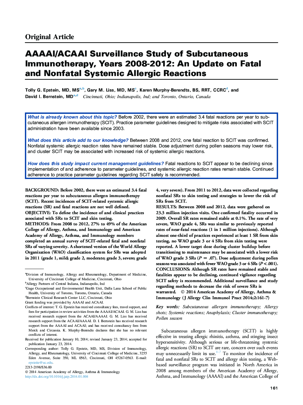 AAAAI/ACAAI Surveillance Study of Subcutaneous Immunotherapy, Years 2008-2012: An Update on Fatal and Nonfatal Systemic Allergic Reactions