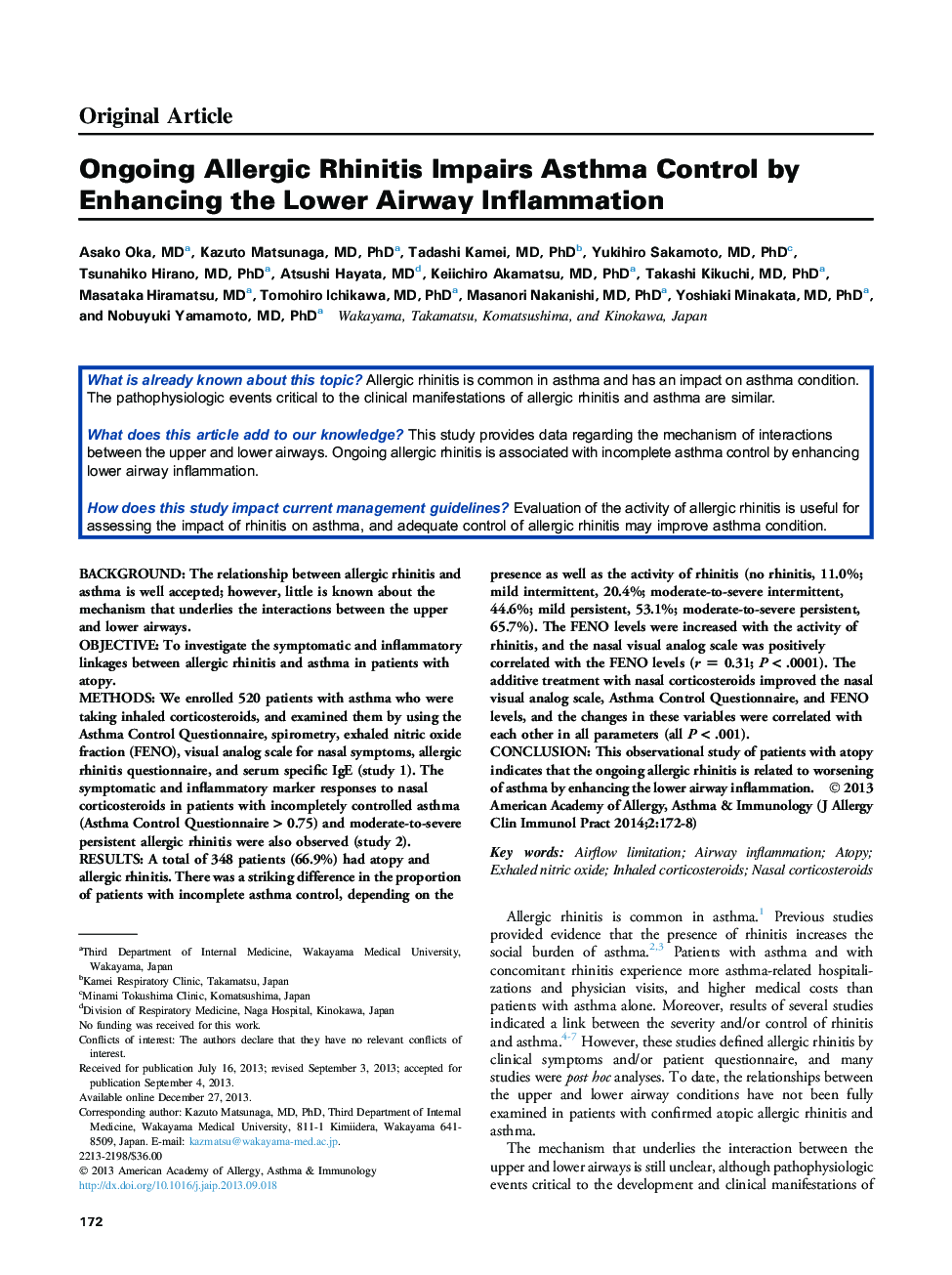 Ongoing Allergic Rhinitis Impairs Asthma Control by Enhancing the Lower Airway Inflammation