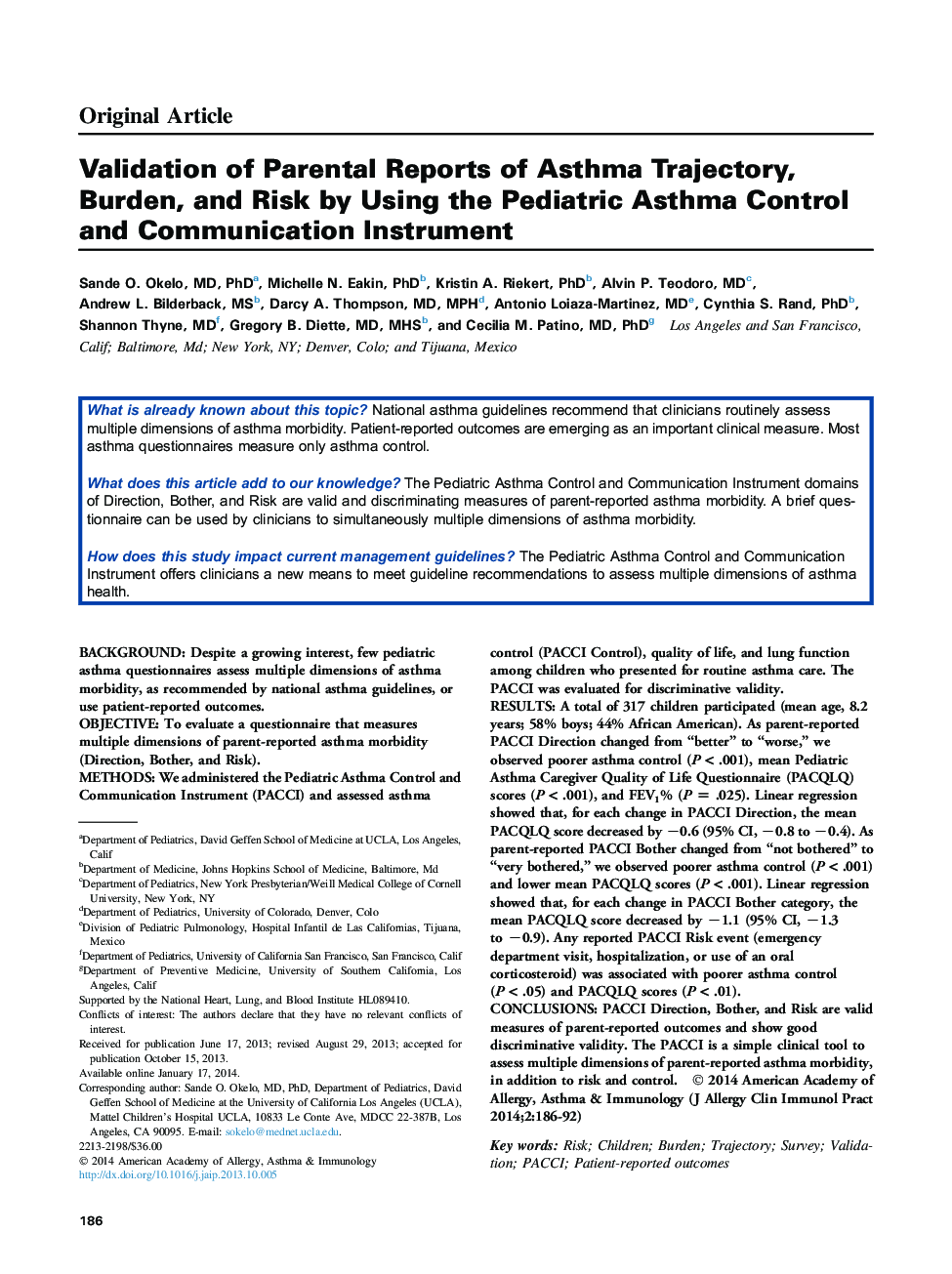 Validation of Parental Reports of Asthma Trajectory, Burden, and Risk by Using the Pediatric Asthma Control and Communication Instrument