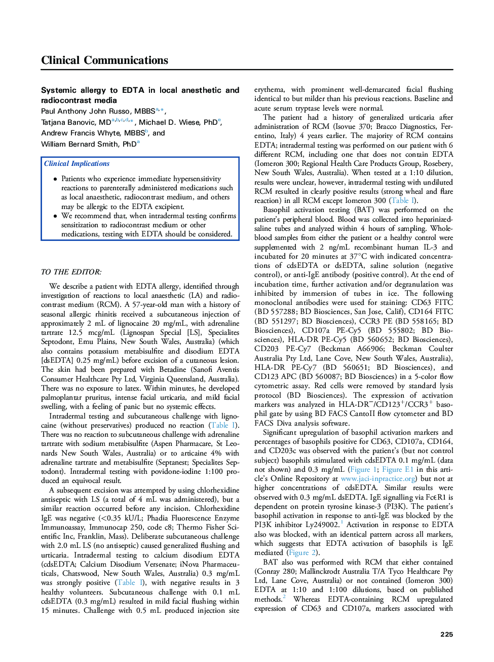 Systemic allergy to EDTA in local anesthetic and radiocontrast media