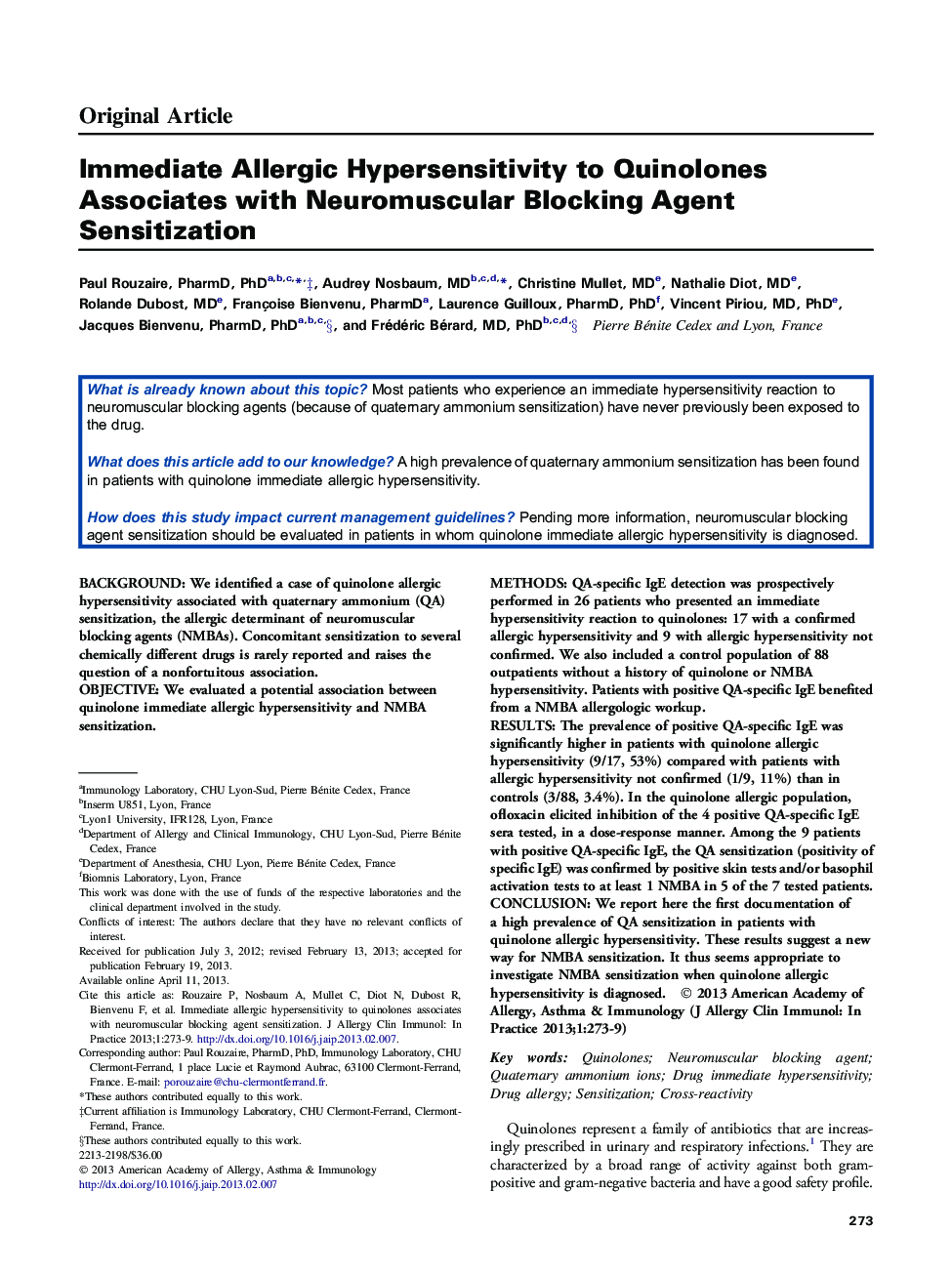 Immediate Allergic Hypersensitivity to Quinolones Associates with Neuromuscular Blocking Agent Sensitization