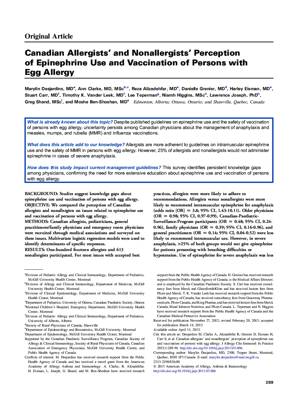 Canadian Allergists' and Nonallergists' Perception ofÂ Epinephrine Use and Vaccination of Persons with EggÂ Allergy