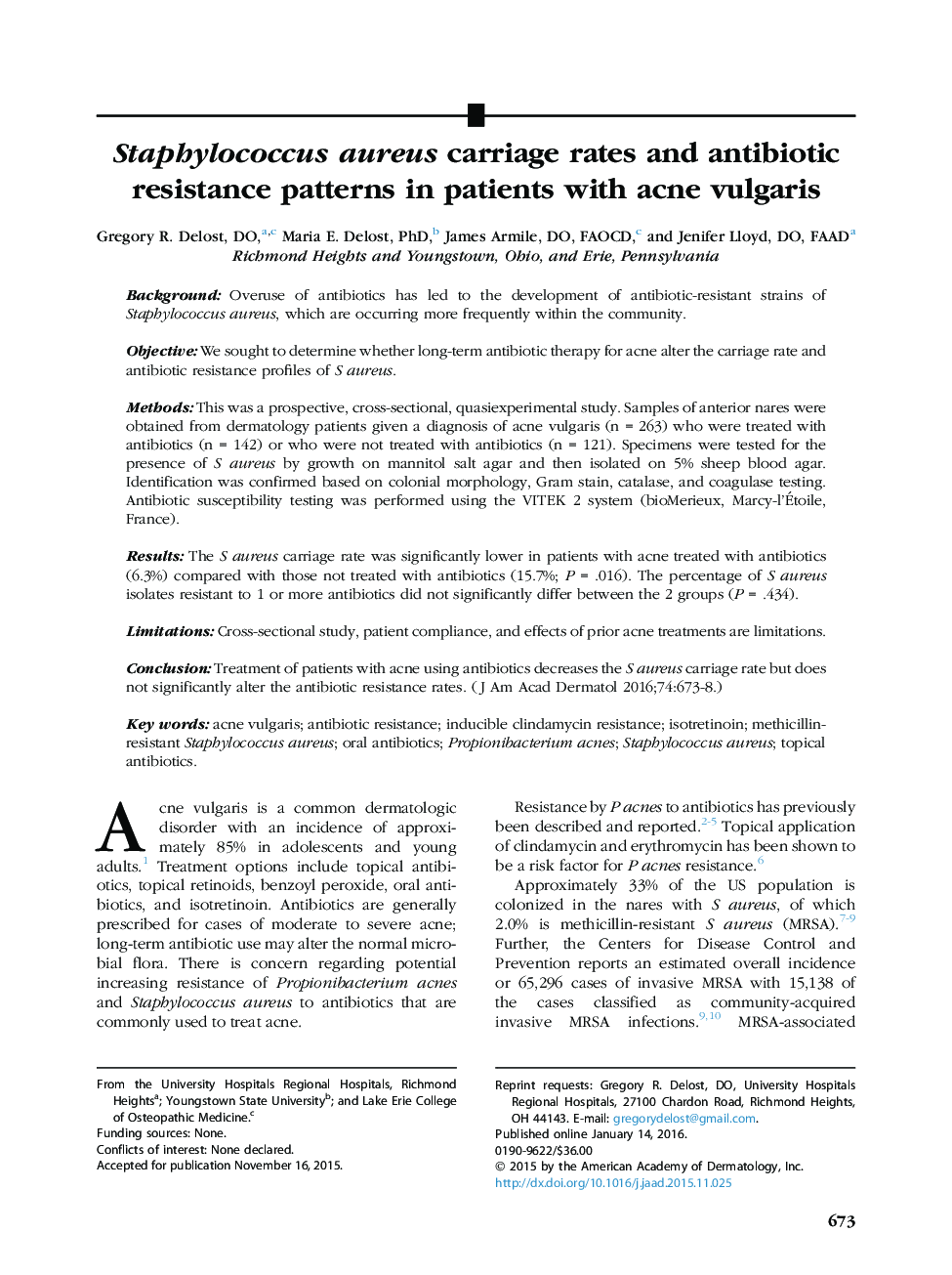 Staphylococcus aureus carriage rates and antibiotic resistance patterns in patients with acne vulgaris 