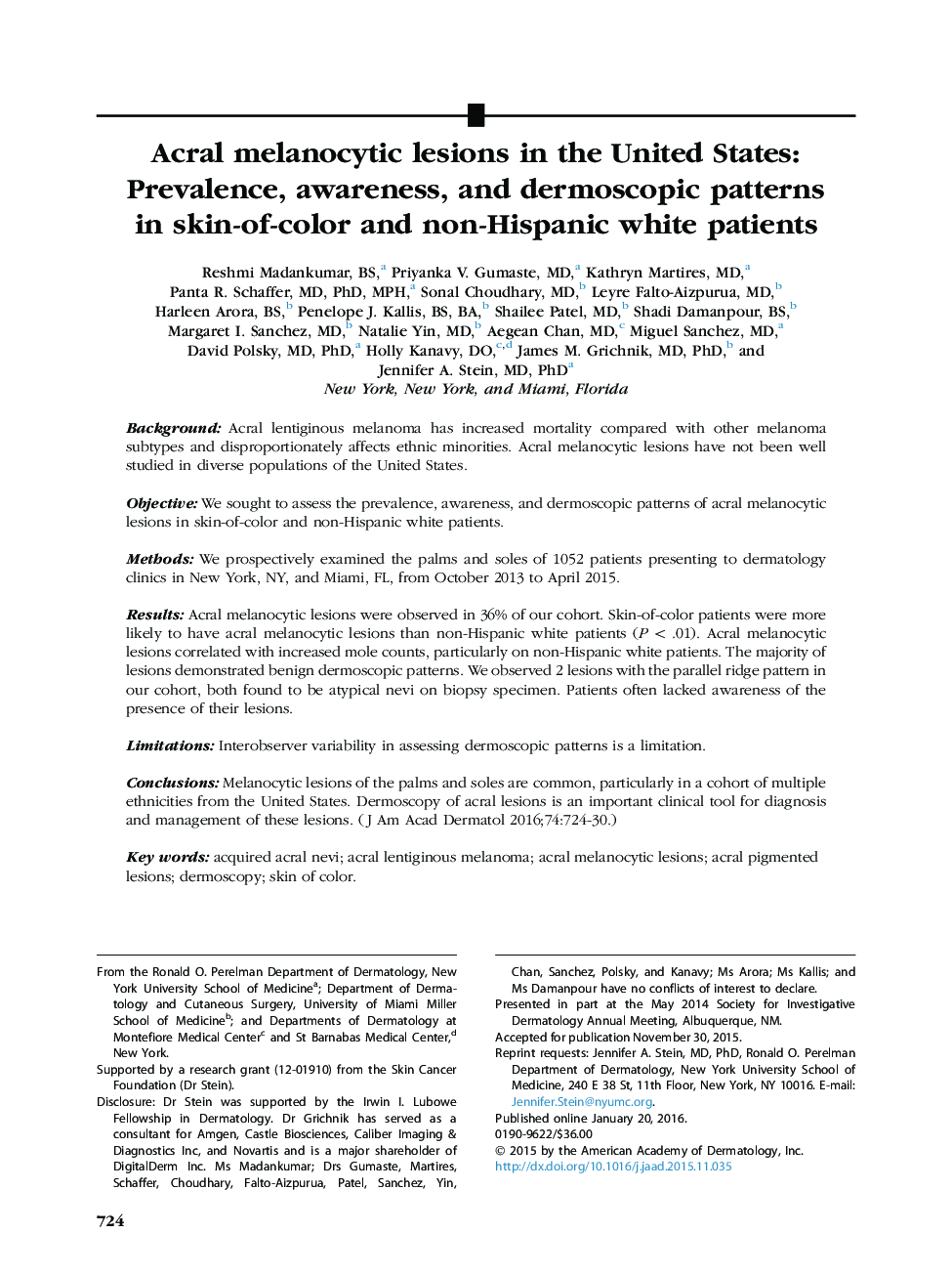 Acral melanocytic lesions in the United States: Prevalence, awareness, and dermoscopic patterns in skin-of-color and non-Hispanic white patients