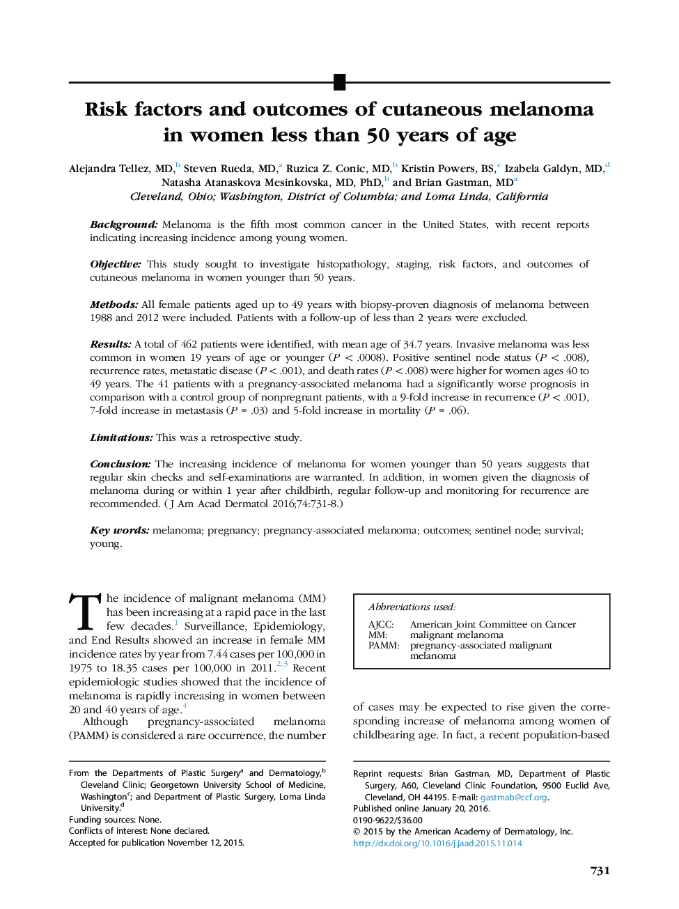 Risk factors and outcomes of cutaneous melanoma in women less than 50 years of age 