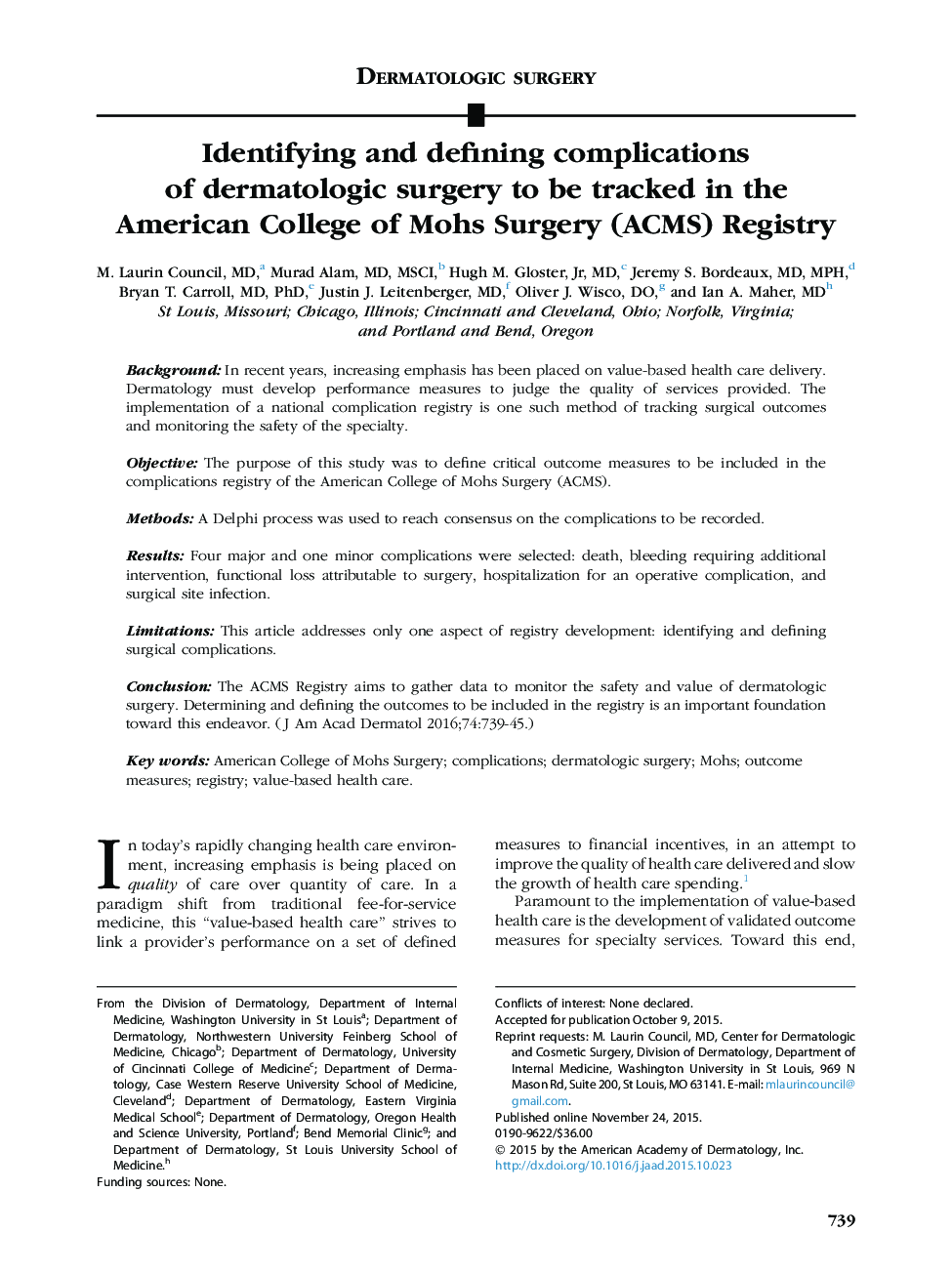 Identifying and defining complications of dermatologic surgery to be tracked in the American College of Mohs Surgery (ACMS) Registry 