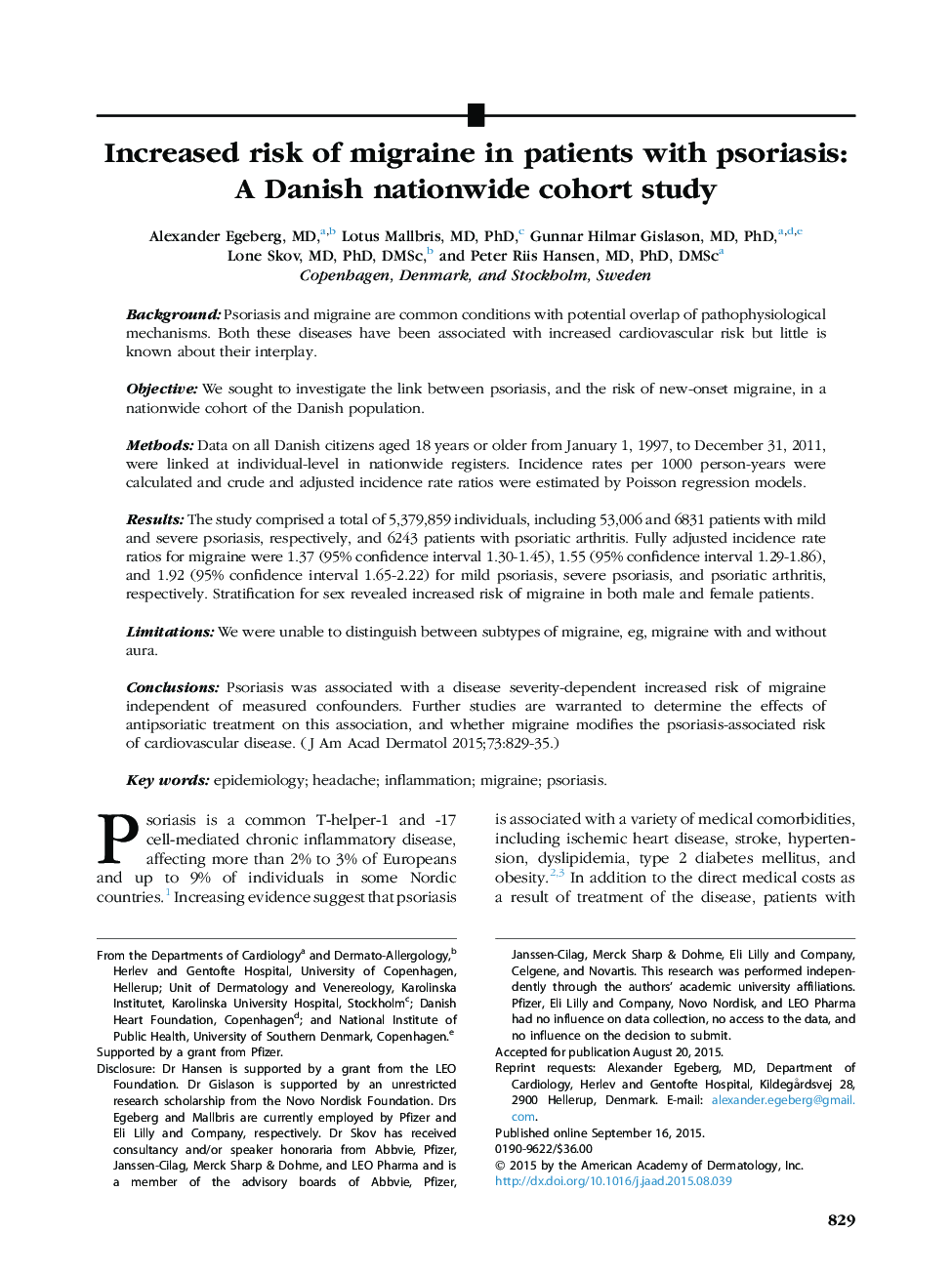 افزایش خطر ابتلا به میگرن در بیماران مبتلا به پسوریازیس: یک مطالعه کوهورت در سراسر کشور دانمارک 