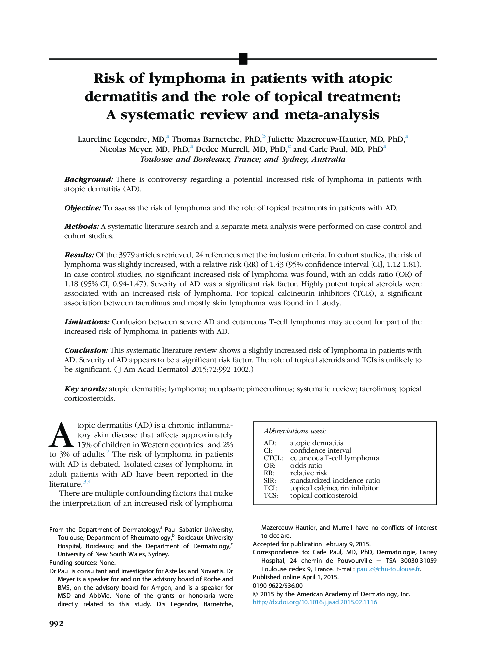 Risk of lymphoma in patients with atopic dermatitis and the role of topical treatment: A systematic review and meta-analysis 