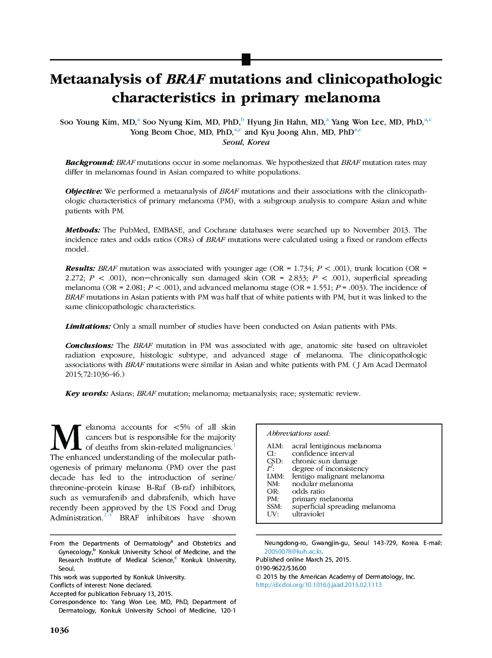 Metaanalysis of BRAF mutations and clinicopathologic characteristics in primary melanoma