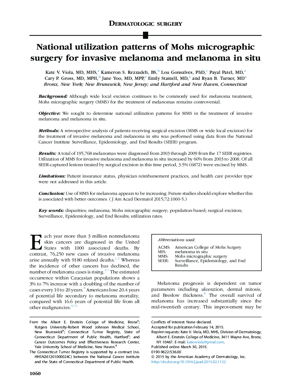 National utilization patterns of Mohs micrographic surgery for invasive melanoma and melanoma in situ 