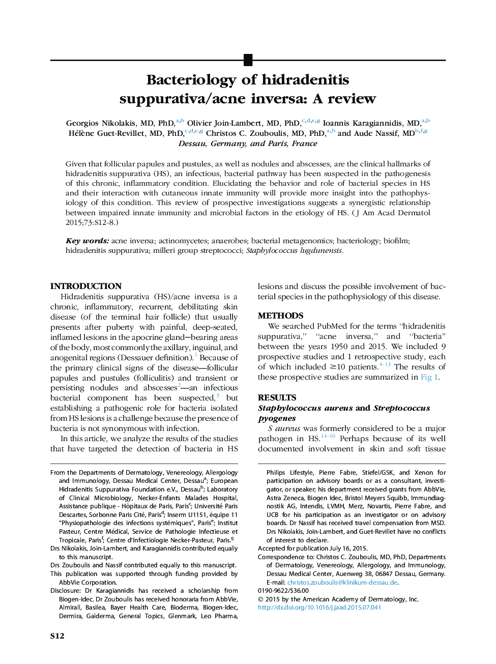 Bacteriology of hidradenitis suppurativa/acne inversa: A review 