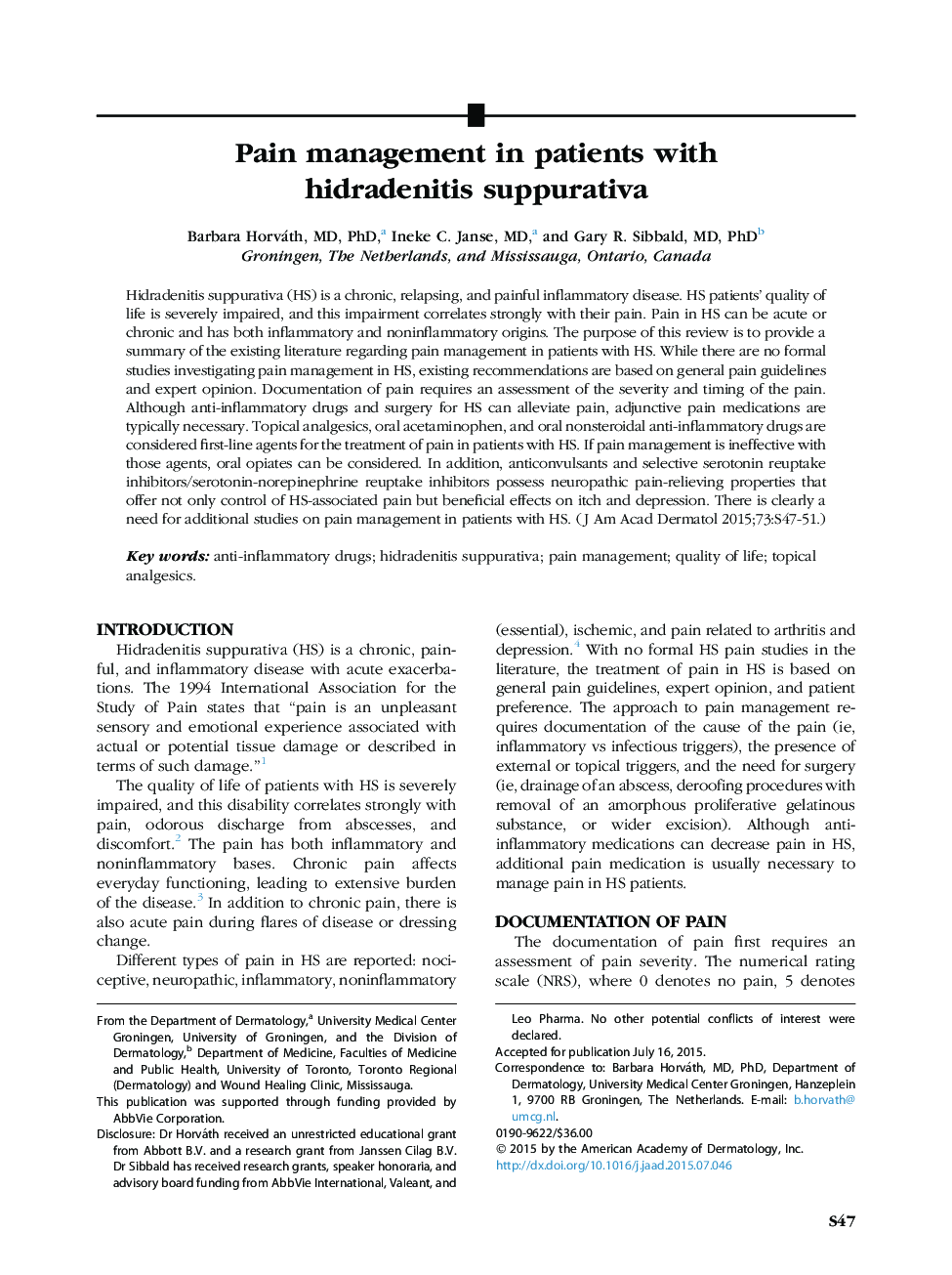 Pain management in patients with hidradenitis suppurativa 