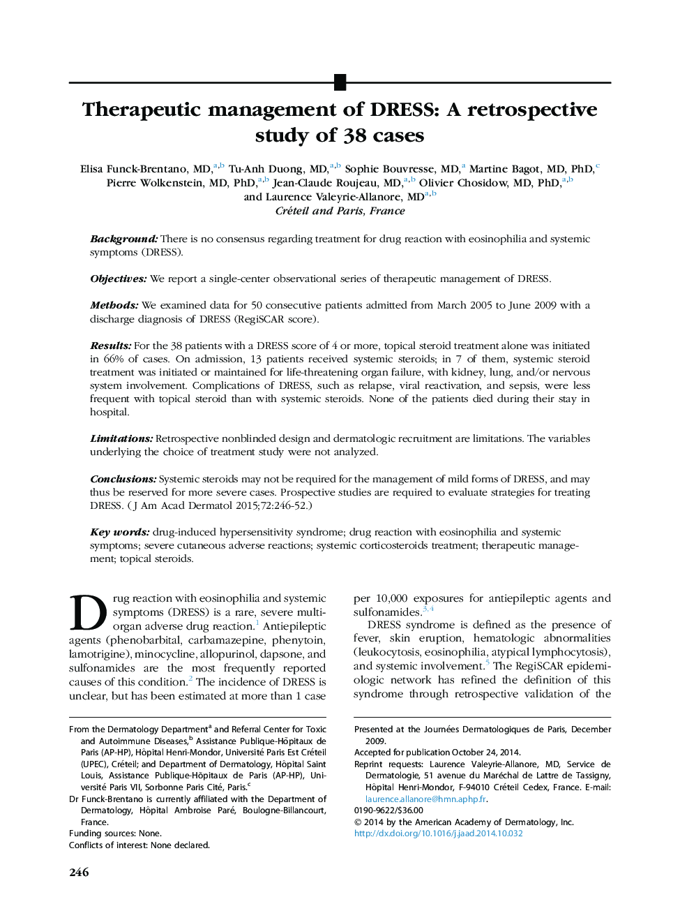 عکس صفحه اول مقاله: Therapeutic management of DRESS: A retrospective study of 38 cases Therapeutic management of DRESS: A retrospective study of 38 cases