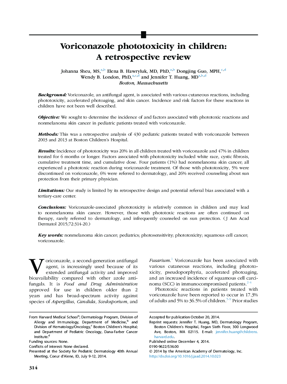 Voriconazole phototoxicity in children: A retrospective review 