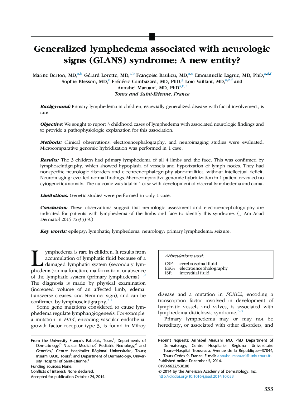 Generalized lymphedema associated with neurologic signs (GLANS) syndrome: A new entity? 