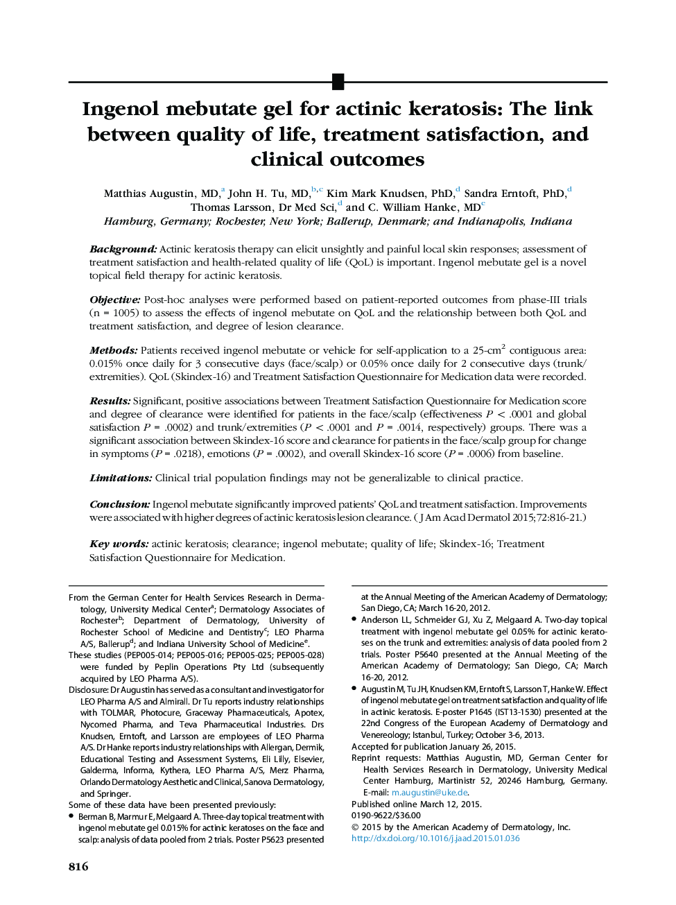 Ingenol mebutate gel for actinic keratosis: The link between quality of life, treatment satisfaction, and clinical outcomes 