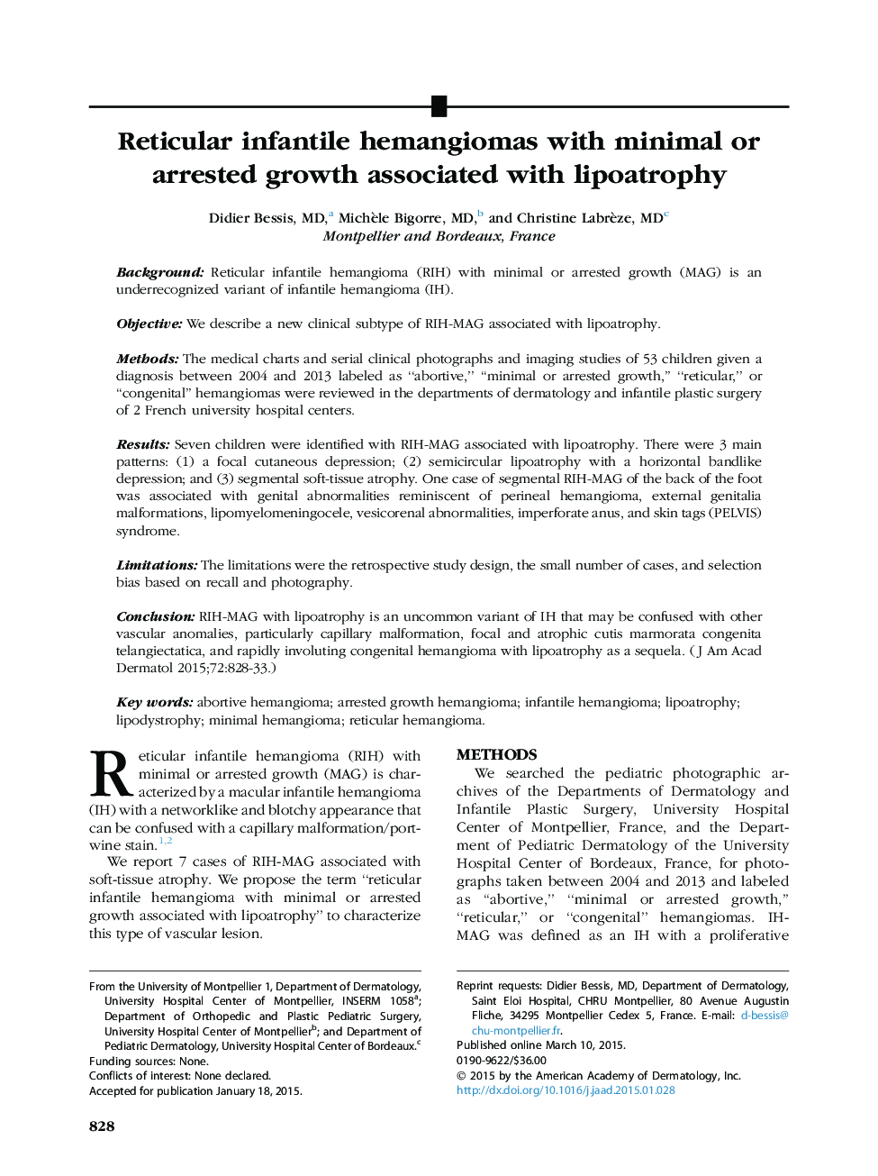 Reticular infantile hemangiomas with minimal or arrested growth associated with lipoatrophy 