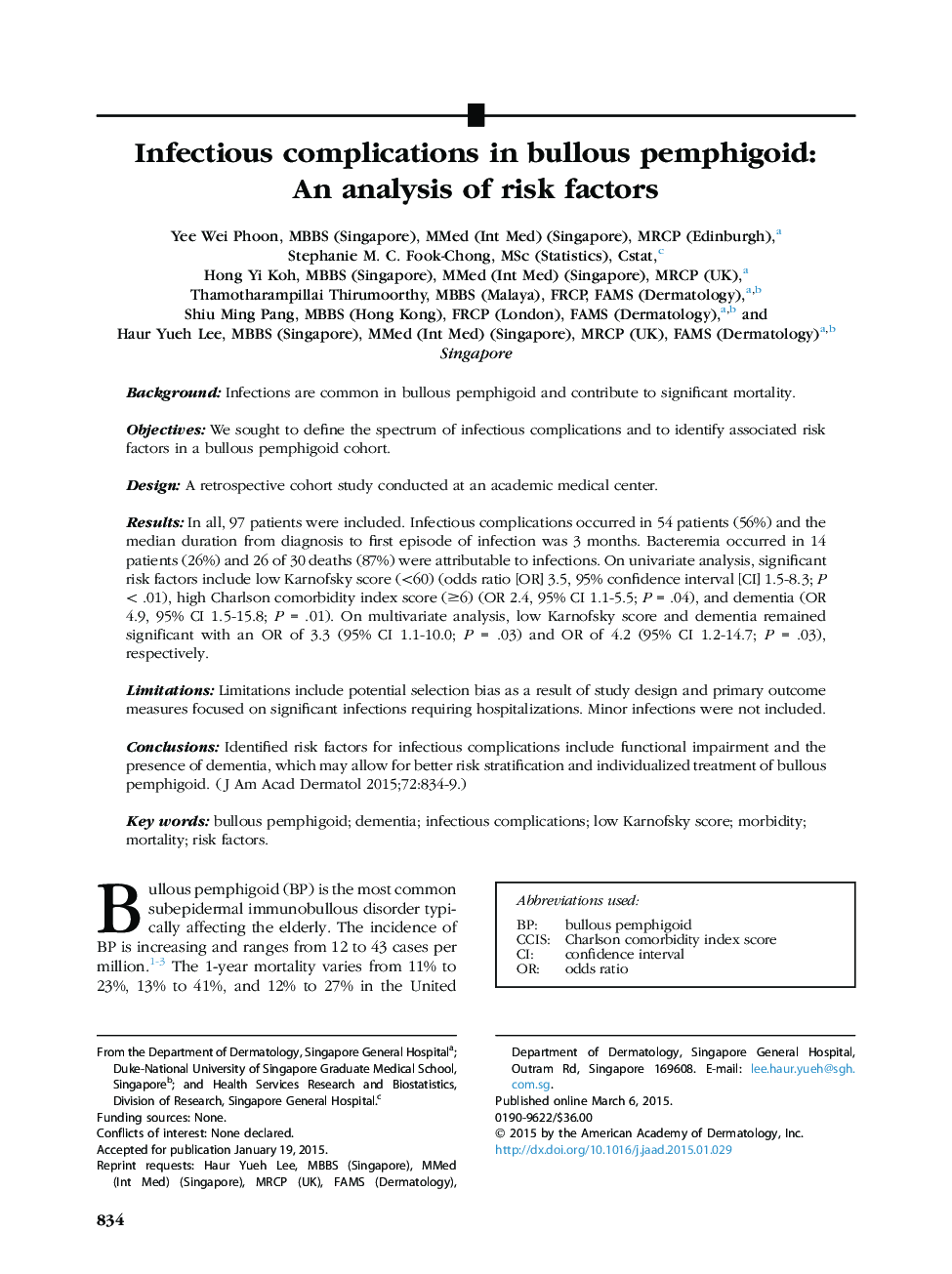 Infectious complications in bullous pemphigoid: An analysis of risk factors 