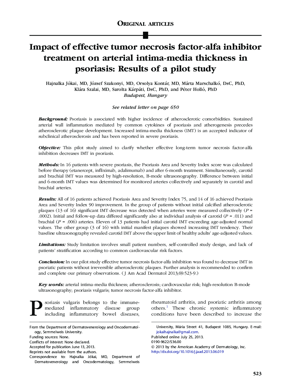 Impact of effective tumor necrosis factor-alfa inhibitor treatment on arterial intima-media thickness in psoriasis: Results of a pilot study 