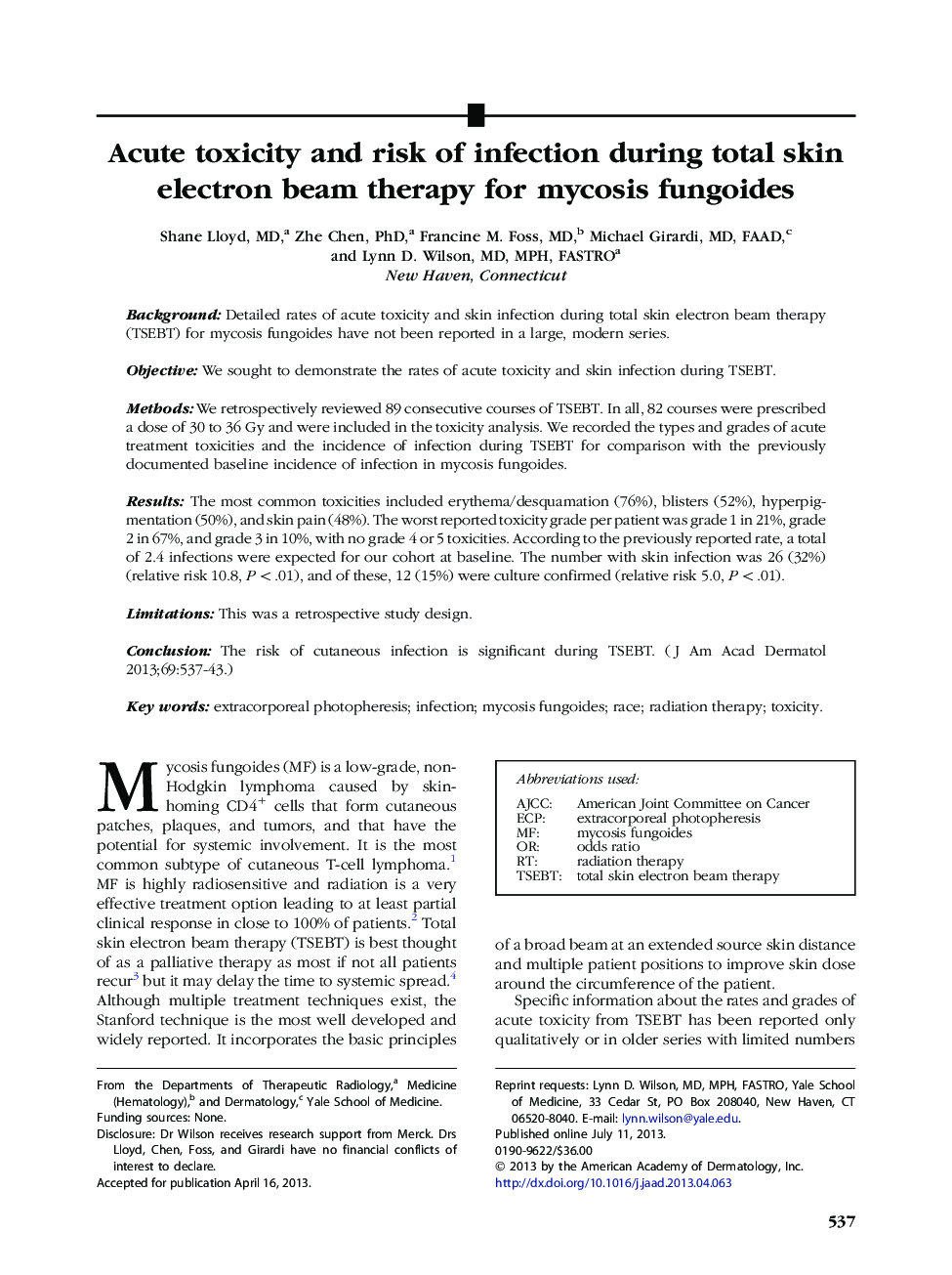 Acute toxicity and risk of infection during total skin electron beam therapy for mycosis fungoides 