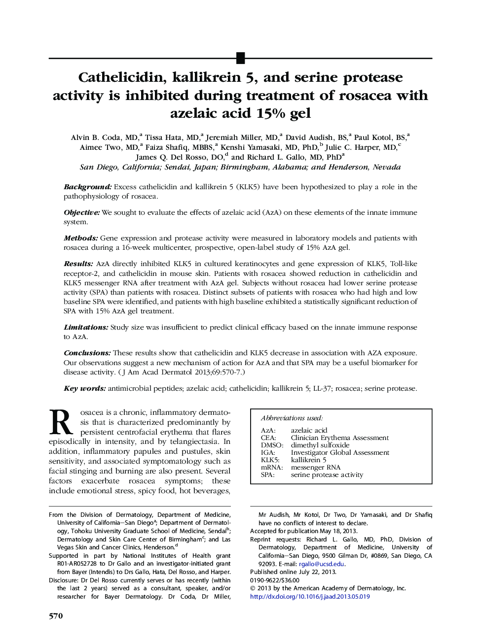 Cathelicidin, kallikrein 5, and serine protease activity is inhibited during treatment of rosacea with azelaic acid 15% gel 