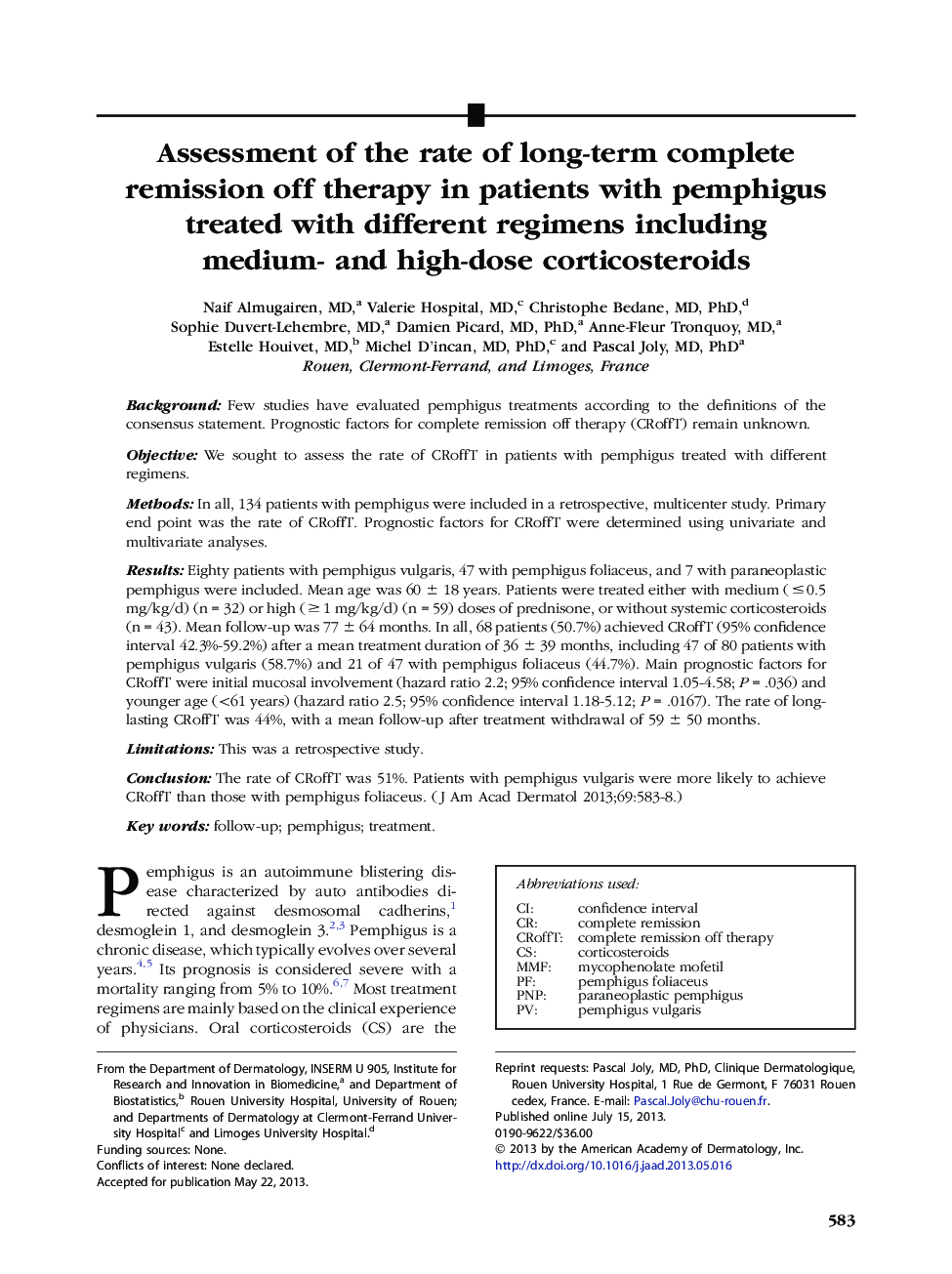 Assessment of the rate of long-term complete remission off therapy in patients with pemphigus treated with different regimens including medium- and high-dose corticosteroids 