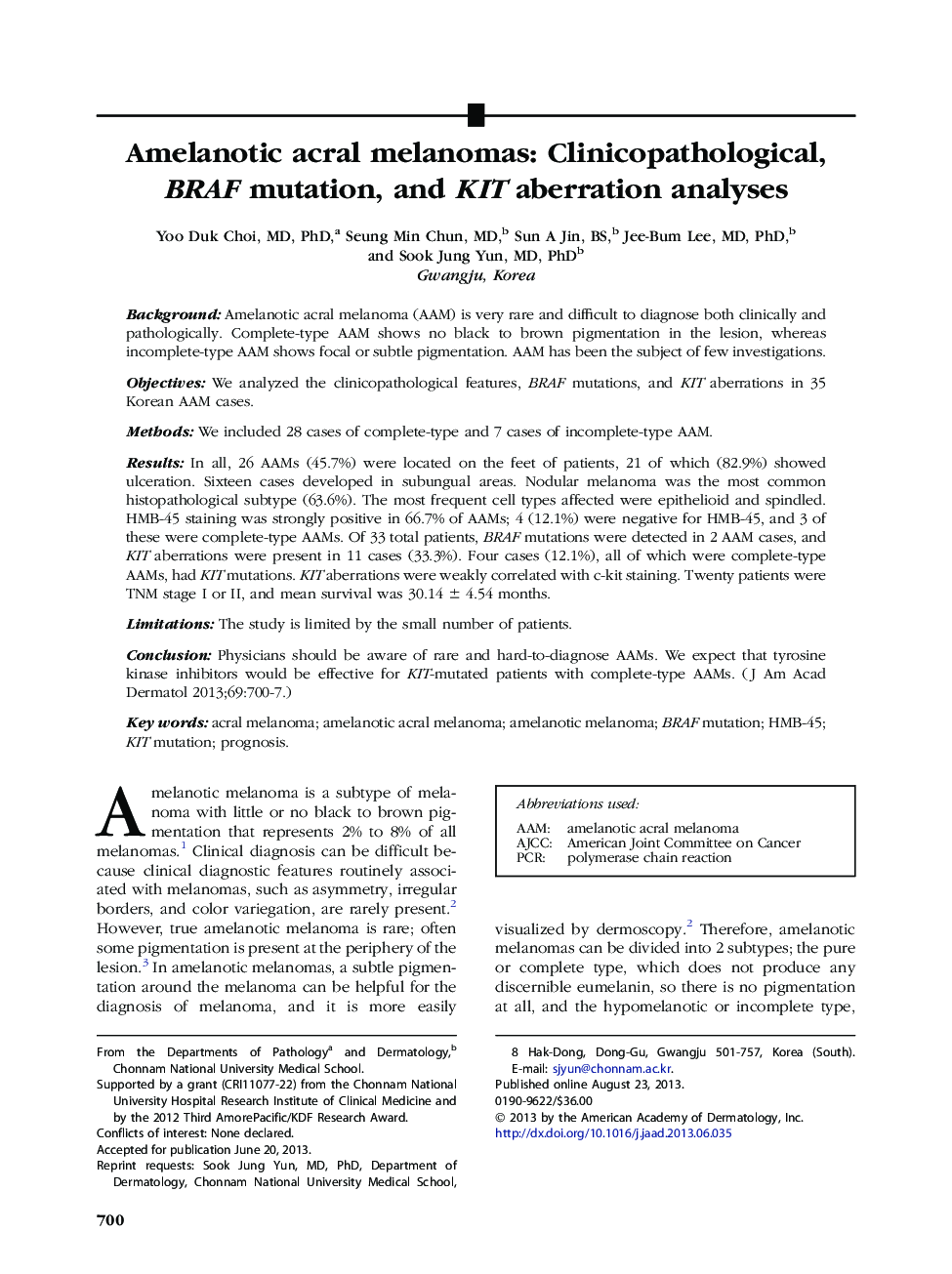 Amelanotic acral melanomas: Clinicopathological, BRAF mutation, and KIT aberration analyses 