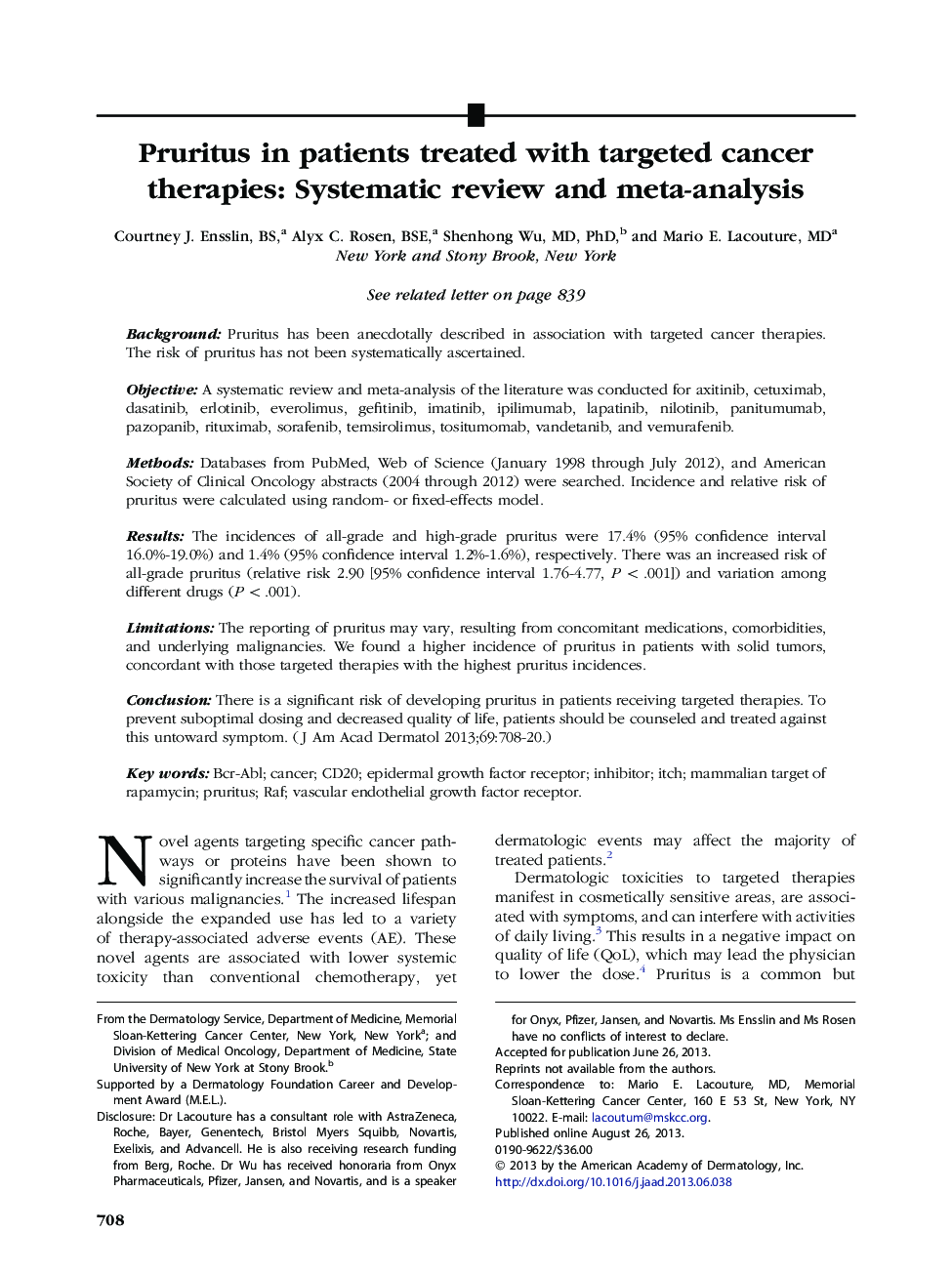 Pruritus in patients treated with targeted cancer therapies: Systematic review and meta-analysis 