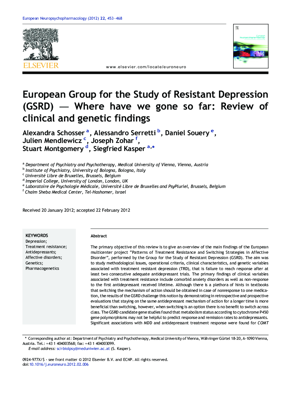 عکس صفحه اول مقاله: European Group for the Study of Resistant Depression (GSRD) — Where have we gone so far: Review of clinical and genetic findings European Group for the Study of Resistant Depression (GSRD) — Where have we gone so far: Review of clinical and genetic findings