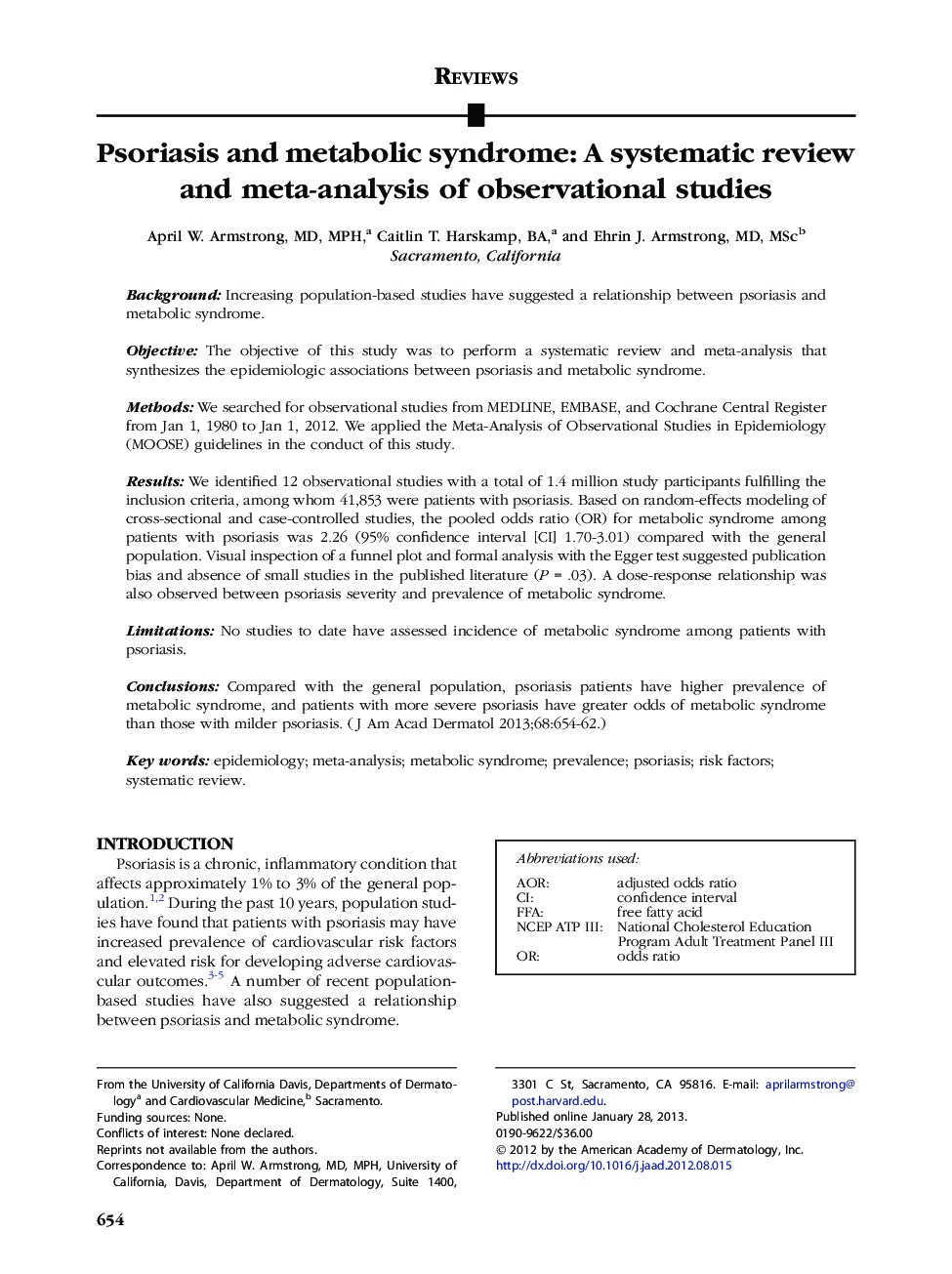 Psoriasis and metabolic syndrome: A systematic review and meta-analysis of observational studies 