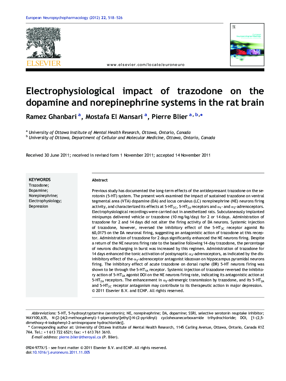 Electrophysiological impact of trazodone on the dopamine and norepinephrine systems in the rat brain