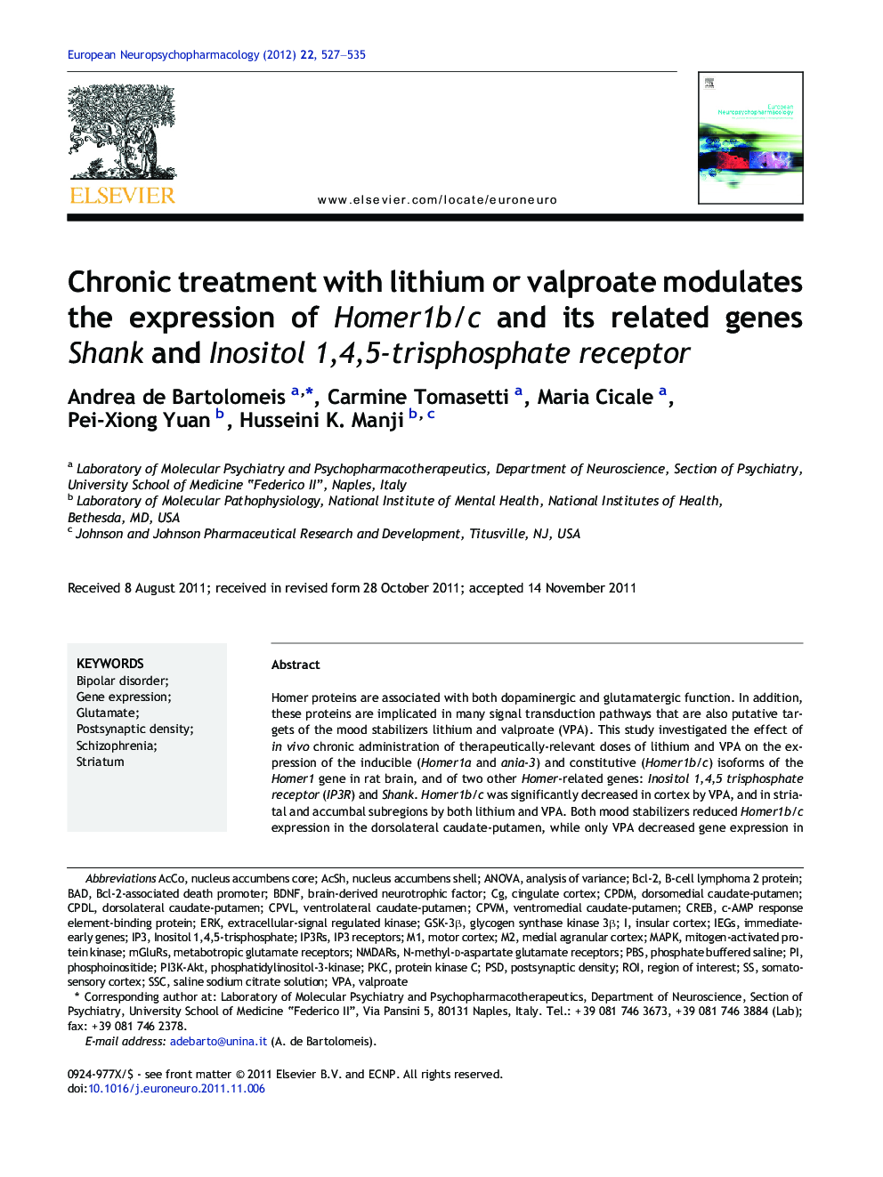 Chronic treatment with lithium or valproate modulates the expression of Homer1b/c and its related genes Shank and Inositol 1,4,5-trisphosphate receptor