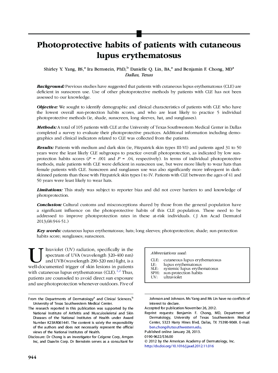 Photoprotective habits of patients with cutaneous lupus erythematosus