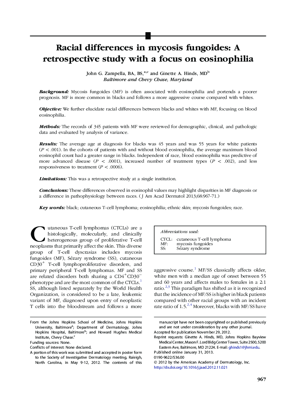 Racial differences in mycosis fungoides: A retrospective study with a focus on eosinophilia 