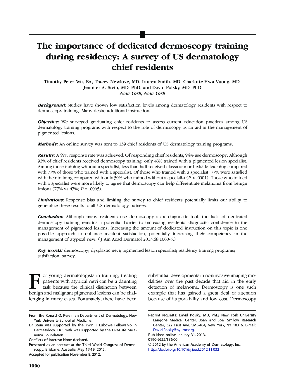 The importance of dedicated dermoscopy training during residency: A survey of US dermatology chief residents 