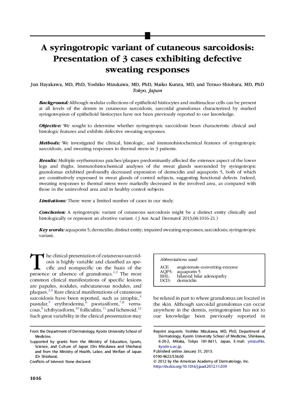 A syringotropic variant of cutaneous sarcoidosis: Presentation of 3 cases exhibiting defective sweating responses 