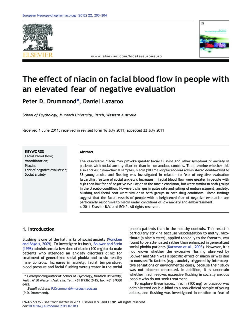 The effect of niacin on facial blood flow in people with an elevated fear of negative evaluation