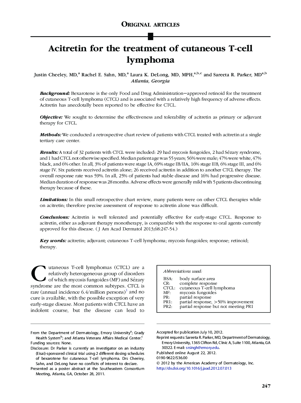 Acitretin for the treatment of cutaneous T-cell lymphoma 