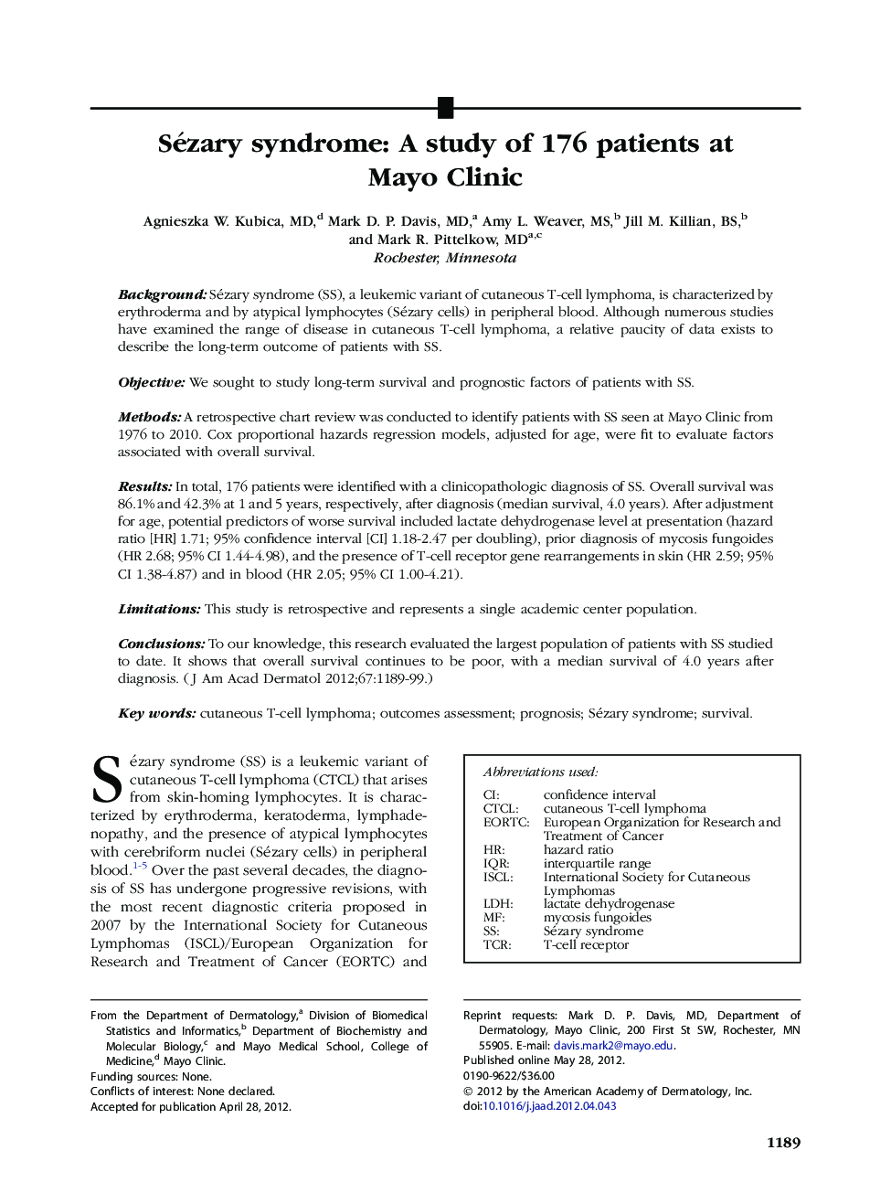 Sézary syndrome: A study of 176 patients at Mayo Clinic 