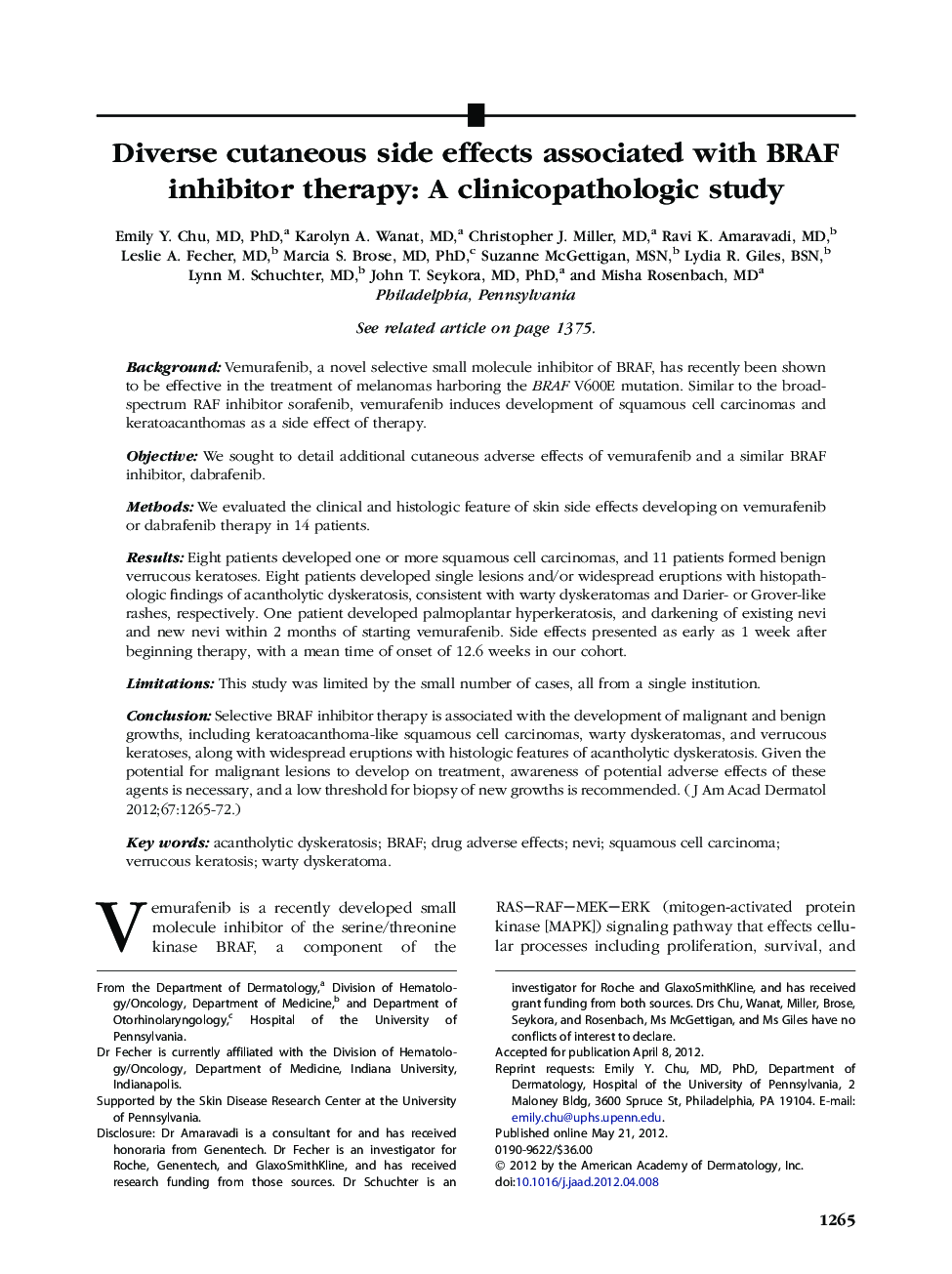 Diverse cutaneous side effects associated with BRAF inhibitor therapy: A clinicopathologic study 